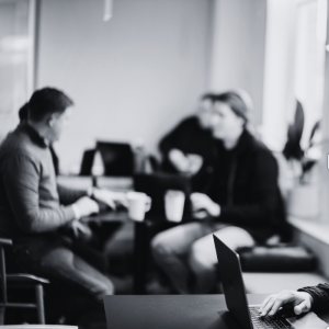 Black and white image of an office scene