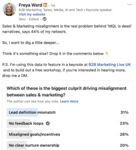 Screenshot of a LinkedIn post from Freya Ward discussing MQLs